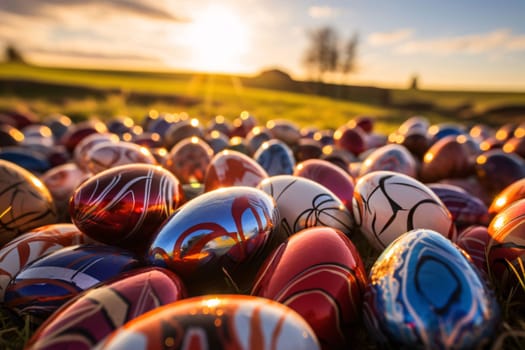 Feasts of the Lord's Resurrection: Colorful easter eggs on a meadow at sunset in Poland