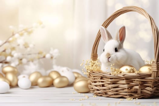 A charming white rabbit nestled in a woven basket with golden Easter eggs and soft springtime blossoms backdrop.