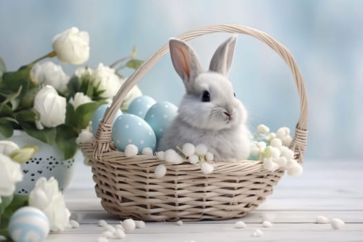 Feasts of the Lord's Resurrection: Cute little bunny with Easter eggs in basket on table on light background