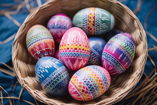Feasts of the Lord's Resurrection: Colorful painted easter eggs in a basket on a blue background