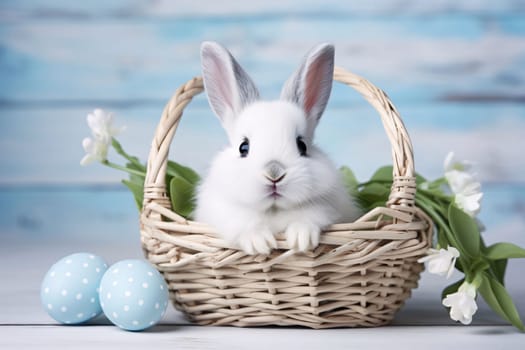 Cute white rabbit sitting inside a wicker basket next to blue painted Easter eggs and spring flowers against a wooden backdrop.