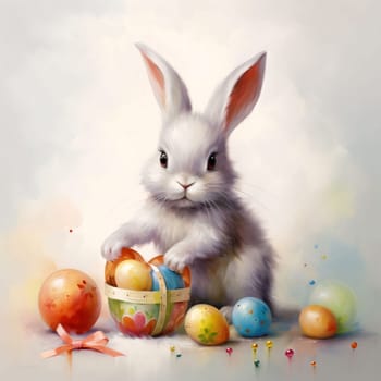 Feasts of the Lord's Resurrection: Easter bunny with colored eggs on a background of clouds and sky