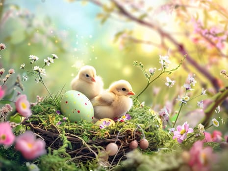 Feasts of the Lord's Resurrection: Easter composition with yellow chickens and easter eggs on nature background