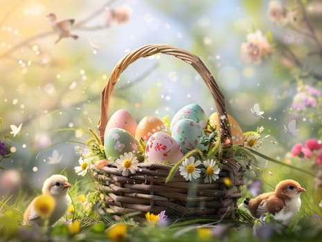 Feasts of the Lord's Resurrection: Easter basket with easter eggs and chickens on spring nature background