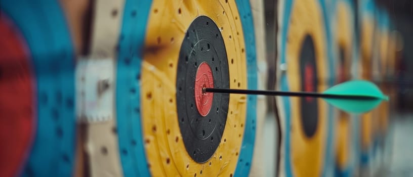 A dart pierces the red bullseye on a bright, multicolored dartboard, with blurred dartboards in the background