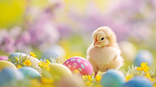 Feasts of the Lord's Resurrection: Cute little chicken and easter eggs on green grass with flowers