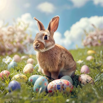 Feasts of the Lord's Resurrection: Easter bunny with colorful eggs in the grass. Easter background.