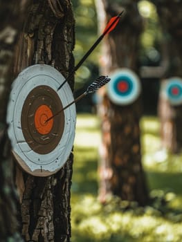 A weathered archery target is affixed to the trunk of a tree in a lush, verdant forest. A red-tipped arrow is embedded in the target, suggesting an accurate shot