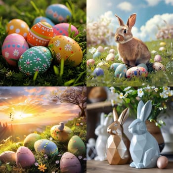 Feast of the Lord's Resurrection: Easter collage with colorful eggs and bunnies in garden