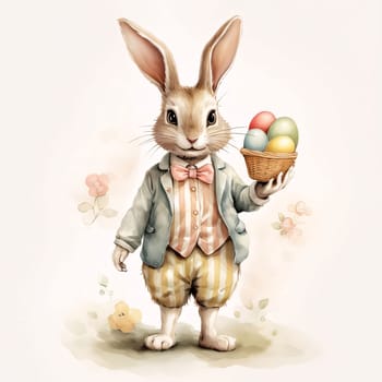 Feasts of the Lord's Resurrection: Easter bunny with a basket of painted eggs. Digital painting.