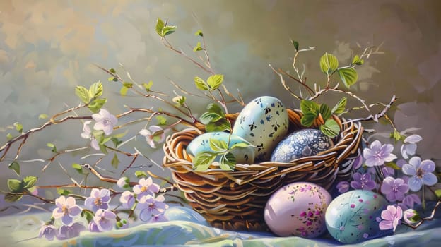 Feasts of the Lord's Resurrection: Easter eggs in a wicker basket on the background of spring flowers
