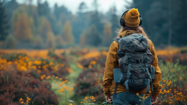Rear view of a young woman hiker with a backpack looking at nature in a forest in autumn.