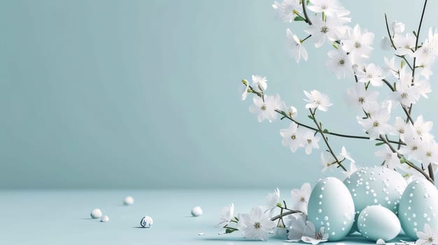 Feasts of the Lord's Resurrection: Easter eggs and spring blossom on pastel blue background with copy space