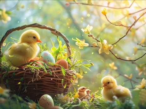 Feasts of the Lord's Resurrection: Easter eggs and yellow chickens in a basket on a green grass