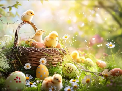 Feasts of the Lord's Resurrection: Easter eggs and chicks in basket on green grass with daisies