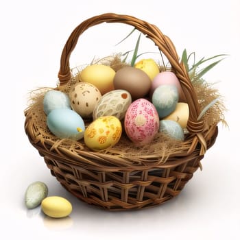 Feasts of the Lord's Resurrection: Basket with easter eggs on white background. 3D illustration.