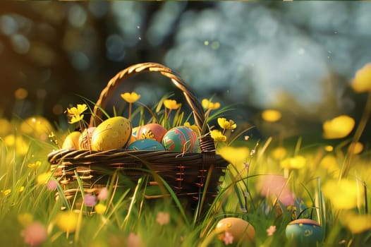 Feasts of the Lord's Resurrection: Easter basket with painted eggs in the meadow with yellow flowers