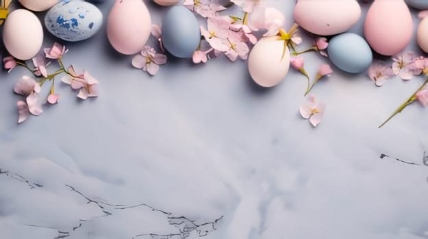Feasts of the Lord's Resurrection: Easter eggs and spring Flowers background. Happy Easter concept