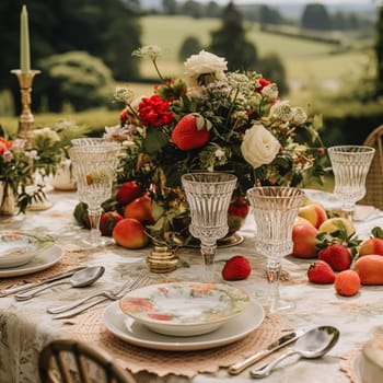 Country tablescape, formal dinner table setting, table scape with strawberry decoration for wedding party and holiday event celebration, post-processed, generative ai