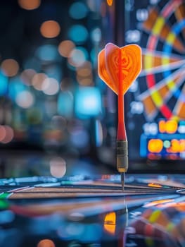 A colorful dart, its orange heart-shaped tip standing out against a backdrop of blurred, multicolored lights, creating a captivating and dynamic visual composition