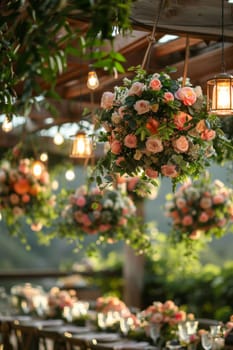 A table with a floral centerpiece and a bunch of lights hanging from the ceiling. Scene is warm and inviting