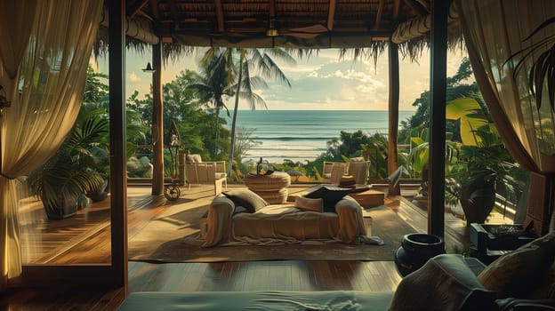 Beautiful beach interior scene of a luxury room by the sea. Recreation, chillout, nature. High quality photo