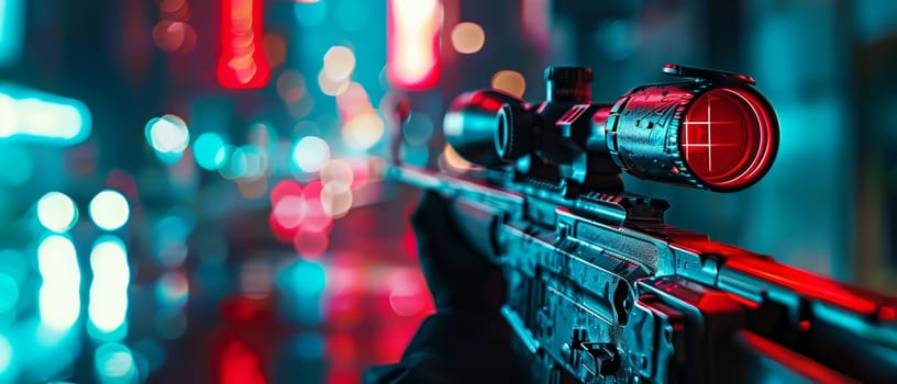 Vibrant neon city lights create a bokeh backdrop for the detailed red reticle of a precision rifle scope