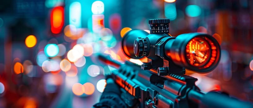 A tactical rifle scope's lens reflects the kaleidoscope of night lights, showcasing a blend of technology and urban beauty