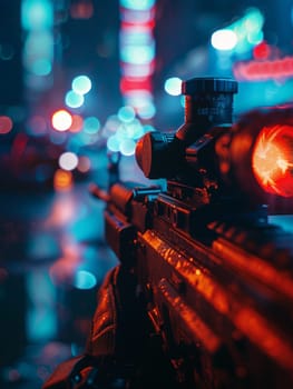 A tactical rifle sight set against the backdrop of a vibrant, neon-lit cityscape, creating a striking and visually captivating scene