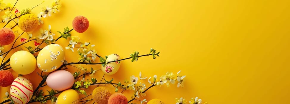 Feasts of the Lord's Resurrection: Banner with Easter eggs and spring flowers on a yellow background.