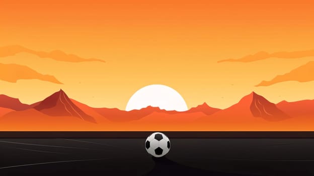 Banner: Soccer ball on the field at sunset background. Vector illustration.