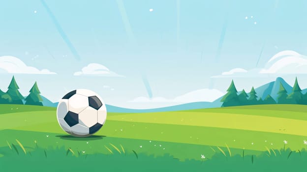 Banner: Soccer ball on green field. Vector illustration in cartoon style.