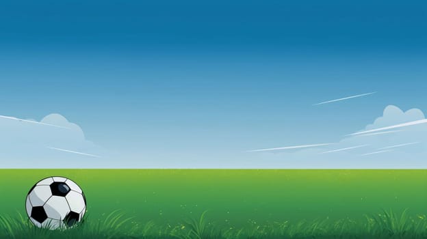 Banner: Soccer ball on green field and blue sky. Vector illustration.