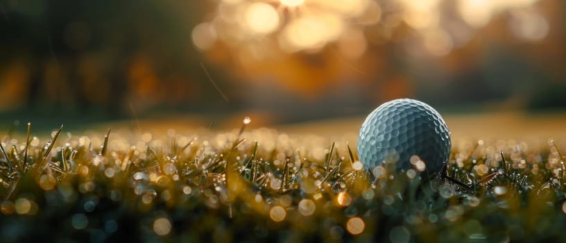 Golden sunlight envelops a golf ball on a tee, set against the soft focus background of a tranquil golf course at sunrise