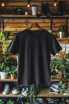 A black shirt hanging on a wooden hanger. The shirt is hanging in front of a shelf with potted plants and a book