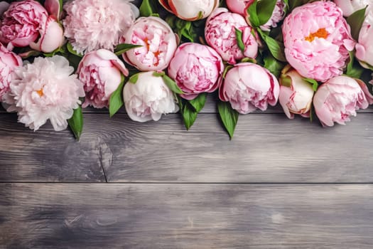 Banner: Pink peony flowers on wooden background. Top view with copy space
