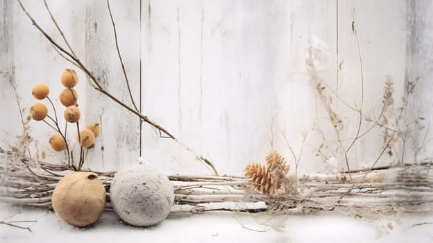 Banner: Still life with dry branches, cones and cotton ball on wooden background