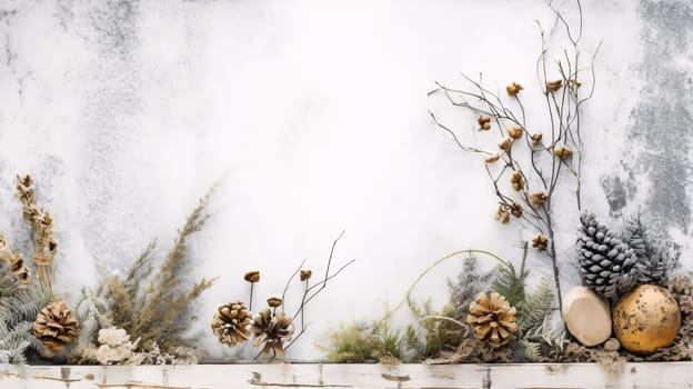 Banner: Christmas decoration with pine cones and dried flowers on white background. Flat lay.