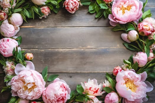 Banner: Beautiful peony flowers on wooden background, flat lay. Space for text