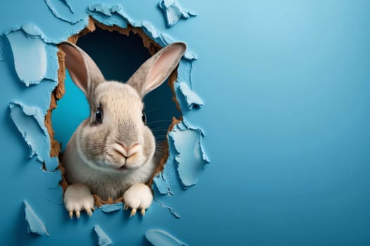 Banner: Cute funny bunny peeking out of hole in blue paper background