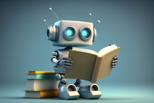 Banner: Cute robot reading a book, 3d illustration, toned image
