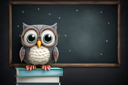 Banner: Cute owl on blackboard. Education concept. 3D Rendering