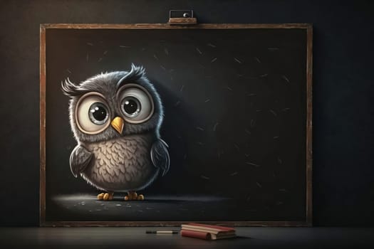Banner: Cute cartoon owl on chalkboard. Back to school concept.