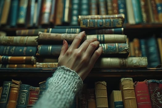 A hand reaches for a book on a shelf, surrounded by many other books. Concept of curiosity and exploration