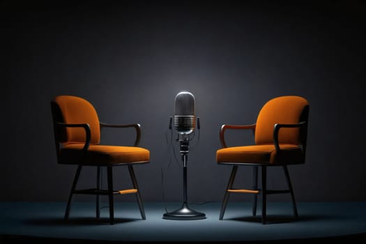 Banner: Two orange armchairs and a microphone on a dark background. 3d rendering