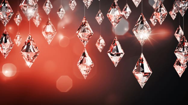 Banner: Diamonds hanging on red background. 3d rendering toned image double exposure