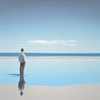 Banner: Businessman standing on the edge of the pool looking at the sea