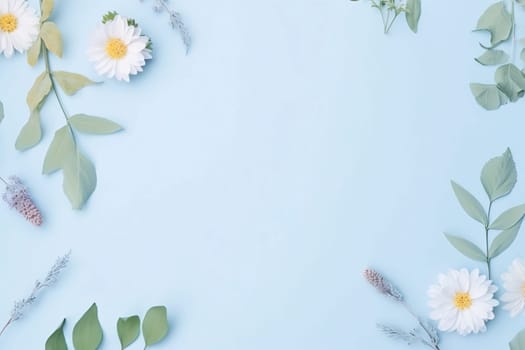 Banner: Flowers composition. Frame made of white flowers and eucalyptus branches on blue background. Flat lay, top view, copy space