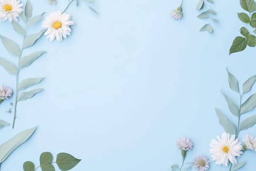 Banner: Flowers composition. White daisies, eucalyptus leaves on blue background. Flat lay, top view, copy space