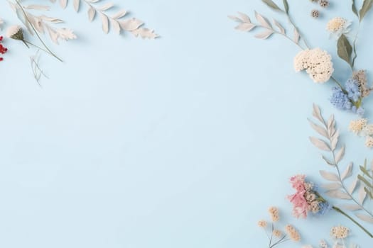 Banner: Flowers composition. White flowers on pastel blue background. Flat lay, top view, copy space
